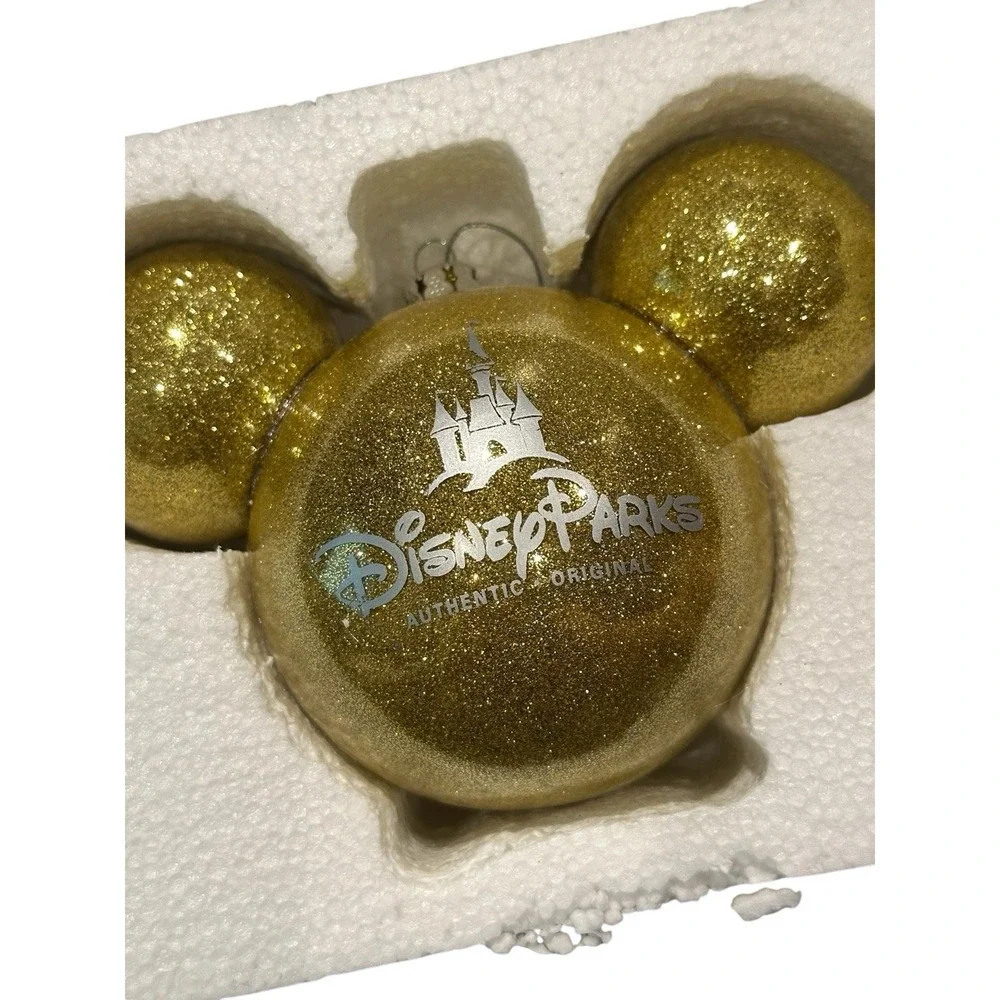 RARE Disney Parks Mickey Icon Ears Glittery Glitter Glass Ball Gold‎ Ornament